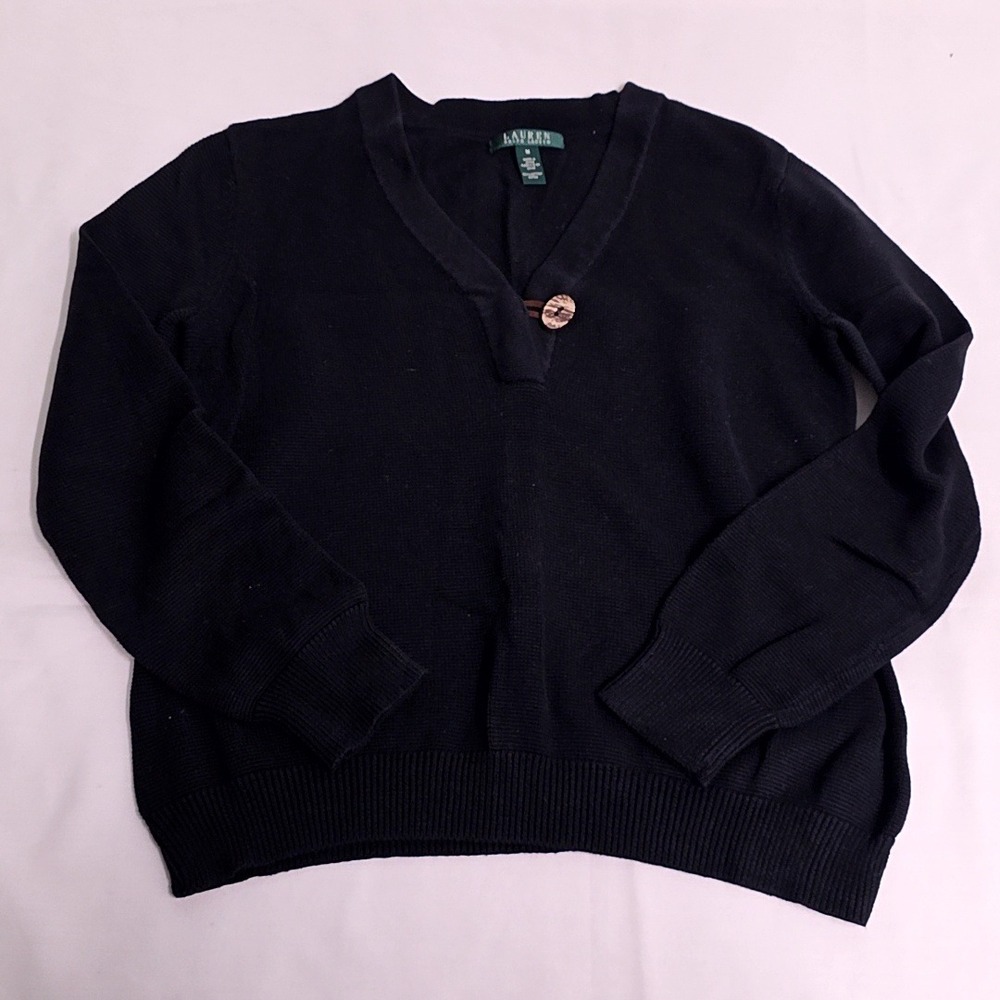 Lauren Ralph Lauren Sweater Womens M Black V-Neck Cotton Toggle Button